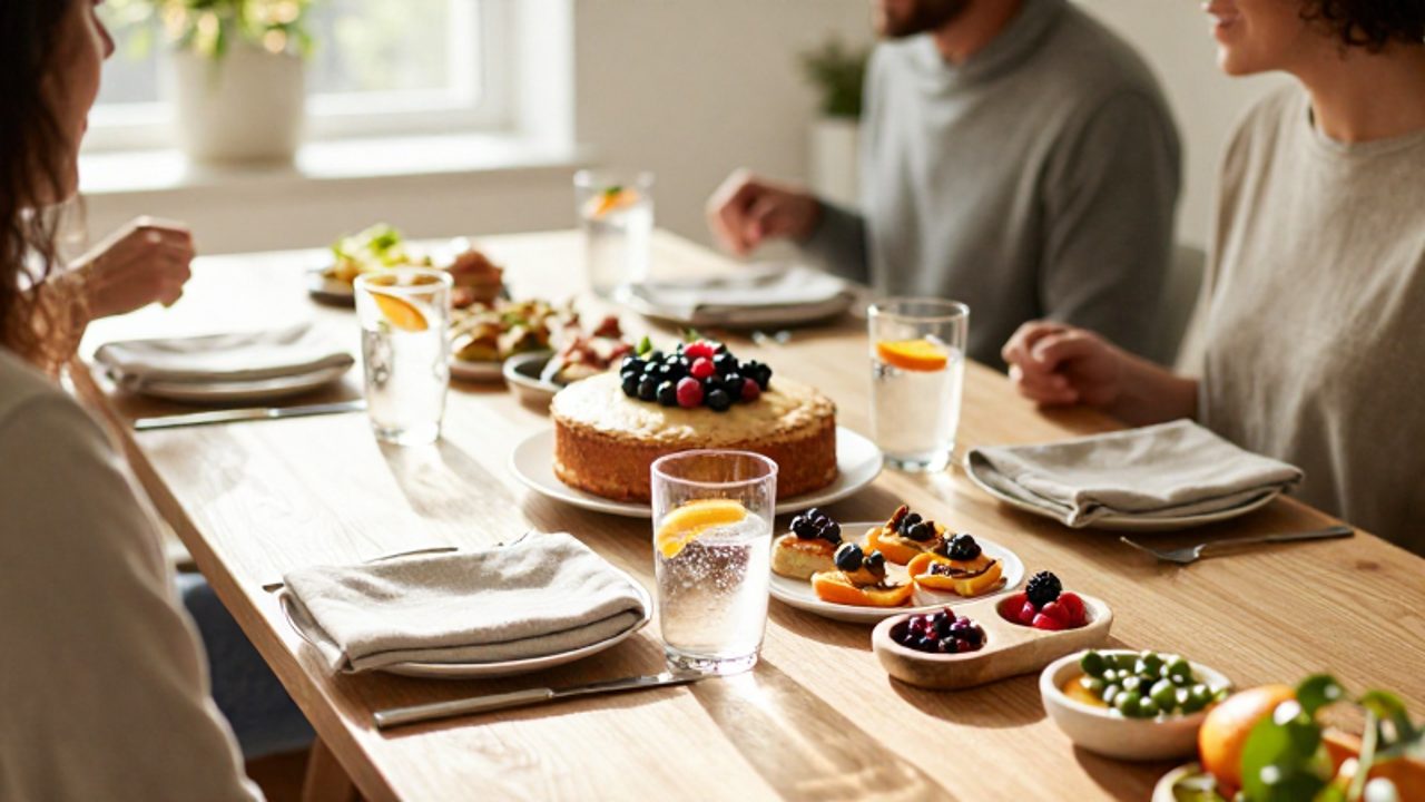 Mesa de madera con un pastel casero de frutos rojos, aperitivos artesanales y bebidas, rodeada de amigos conversando en un ambiente cálido y sencillo.