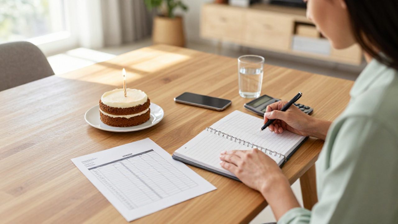 Mujer organizando la planificación de un cumpleaños con una calculadora y un planificador junto a un pequeño pastel en una mesa de madera.