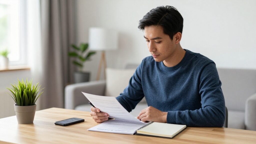 Joven concentrado revisando documentos financieros en un escritorio luminoso y organizado de su oficina en casa.