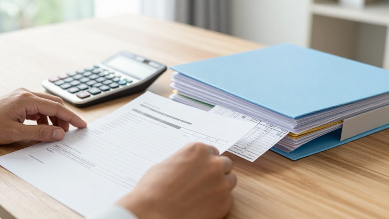 Manos organizando recibos de alquiler y documentos financieros sobre un escritorio junto a una calculadora.