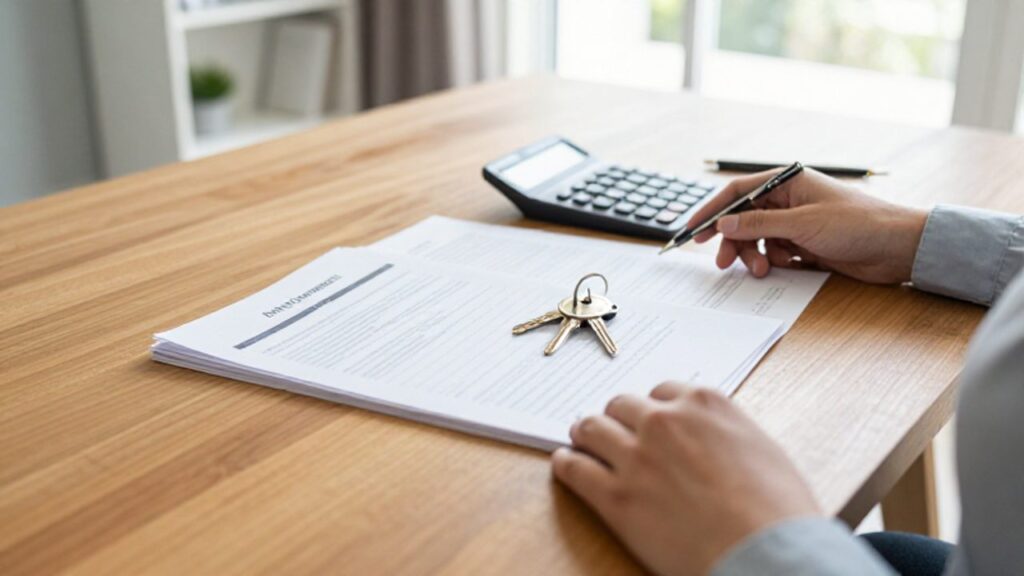 Unas llaves de casa descansan sobre contratos de alquiler y una calculadora en un escritorio de madera, con el interior de un apartamento al fondo.