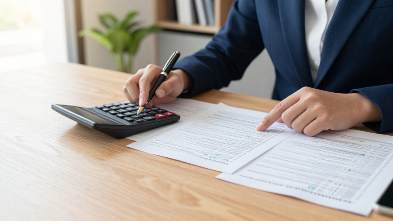 Manos de una persona utilizando una calculadora y un bolígrafo para revisar documentos financieros y hojas de cálculo sobre un escritorio.