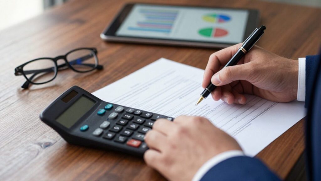Manos de una persona utilizando una calculadora y una pluma sobre documentos financieros en un escritorio organizado.