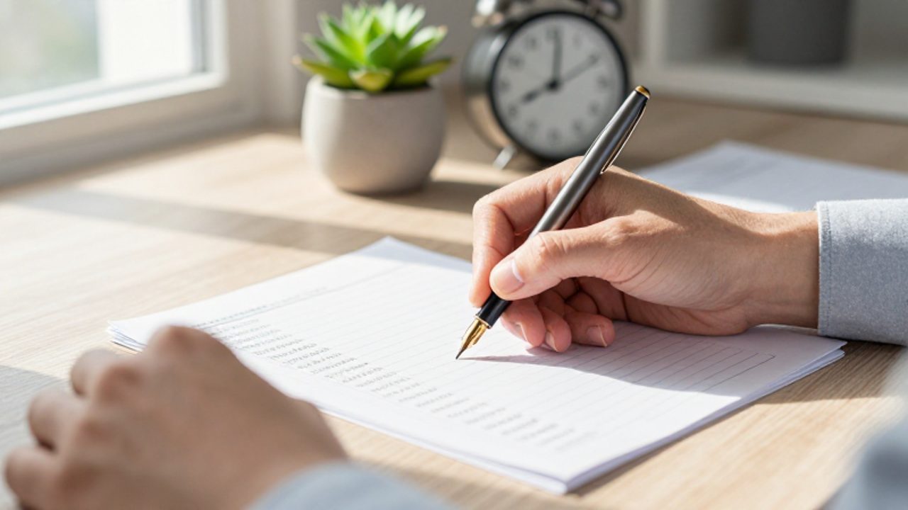 Primer plano de unas manos tachando conceptos en un registro contable ordenado sobre un escritorio de oficina.