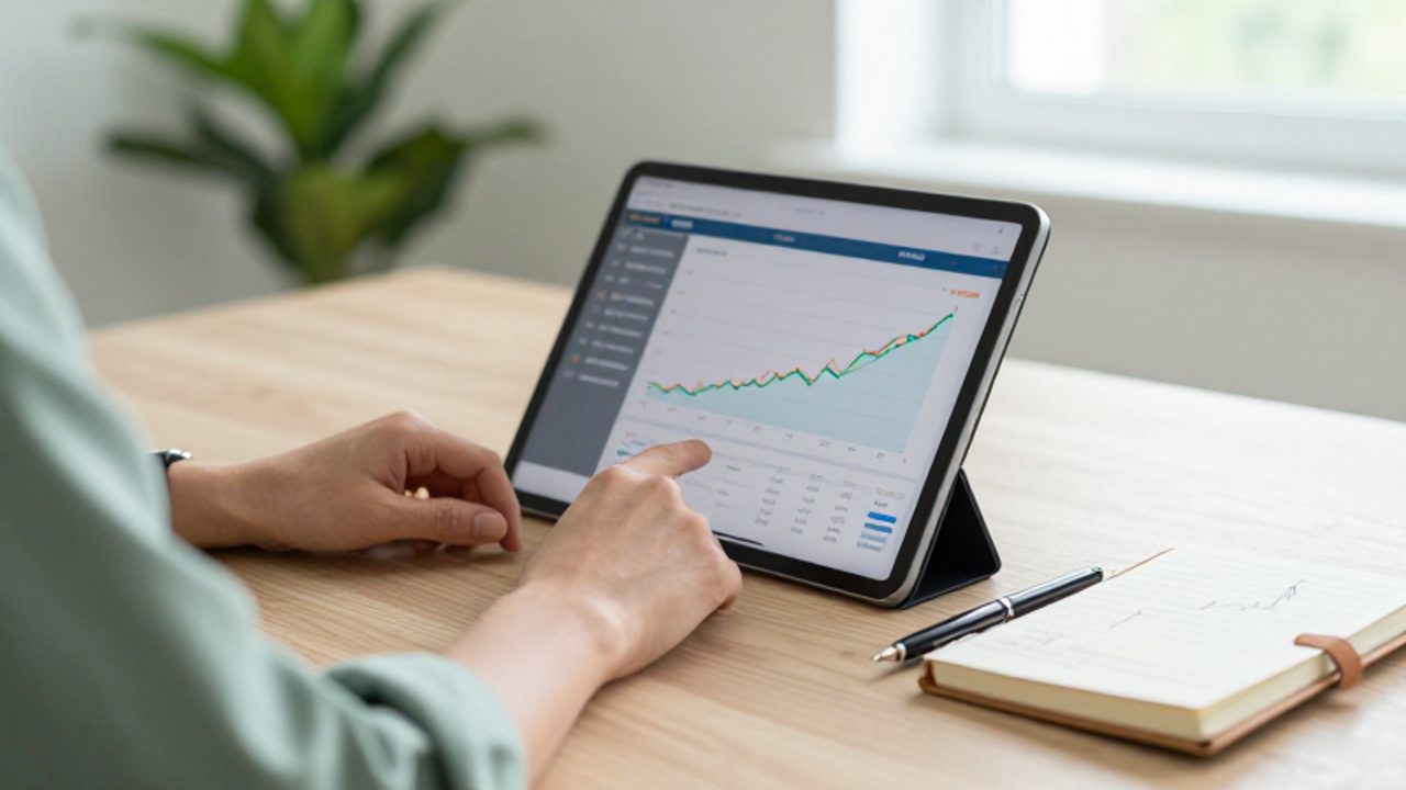 Manos organizando un escritorio ordenado con una tableta que muestra gráficas de crecimiento financiero y un cuaderno de notas.