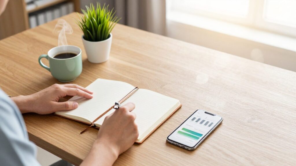 Manos organizando un cuaderno, un bolígrafo y un smartphone con un gráfico de barras sobre un escritorio de madera en un entorno luminoso y ordenado.