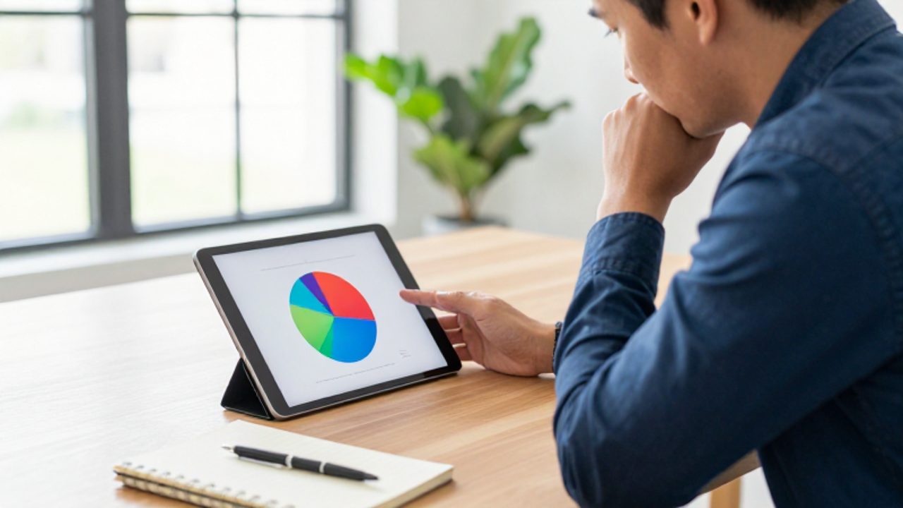 Persona concentrada analizando un gráfico circular de inversión en una tableta sobre un escritorio de oficina.