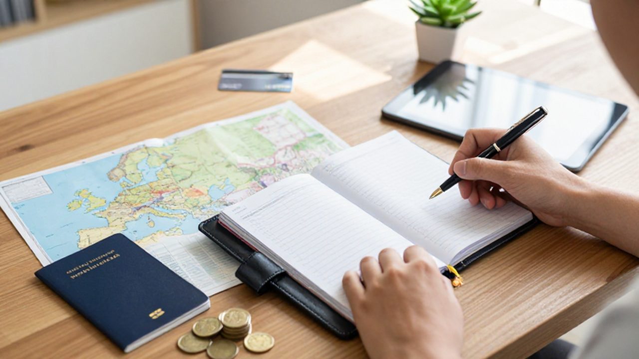 Manos organizando una planificación de viaje sobre un escritorio con un cuaderno, una tableta con finanzas, un mapa de Europa y monedas.