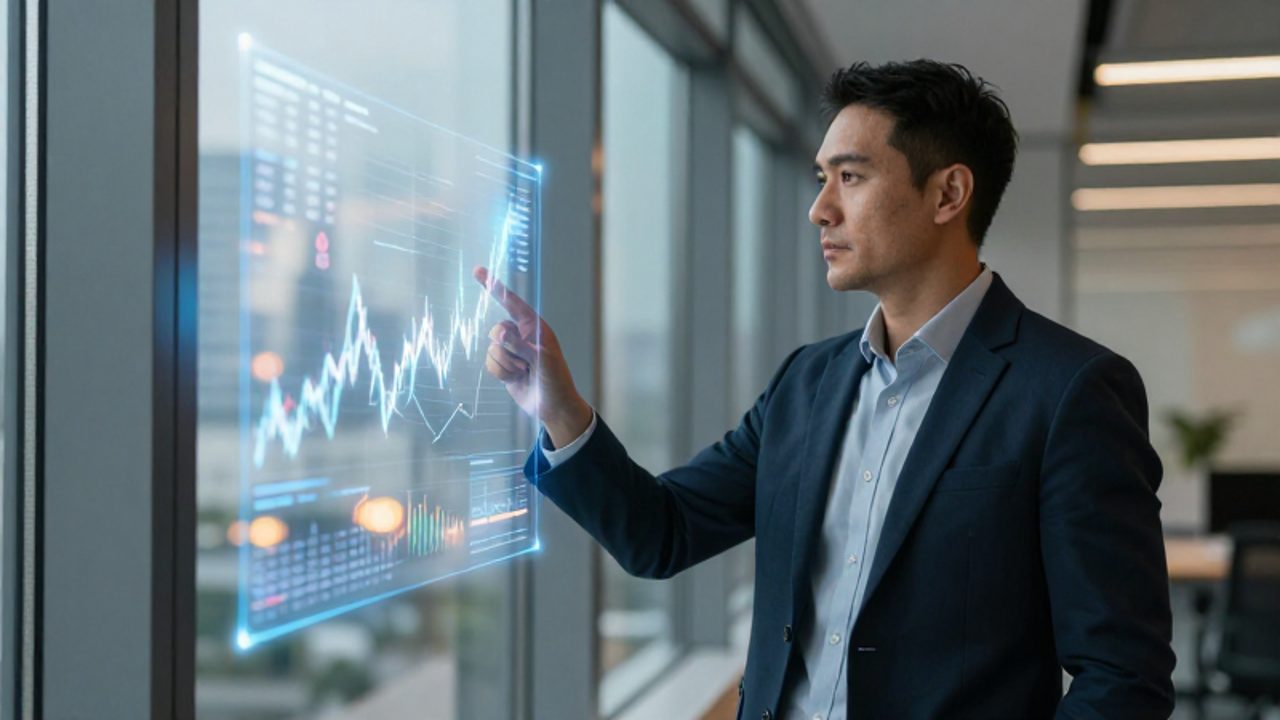 Analista financiero observa en una oficina un gráfico digital de mercado que se estabiliza bajo un escudo protector.