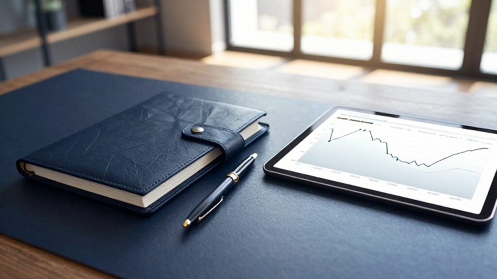 Escritorio de un inversor con una agenda de cuero, una pluma estilográfica y una tableta que muestra gráficos financieros de tendencias de mercado.
