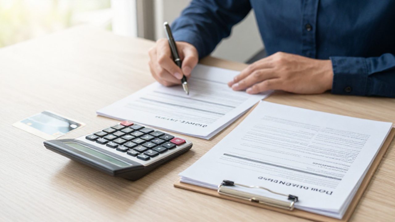 Una persona organiza documentos financieros, como estados de cuenta de hipoteca y tarjetas de crédito, junto a una calculadora sobre un escritorio mientras firma una póliza de seguro.