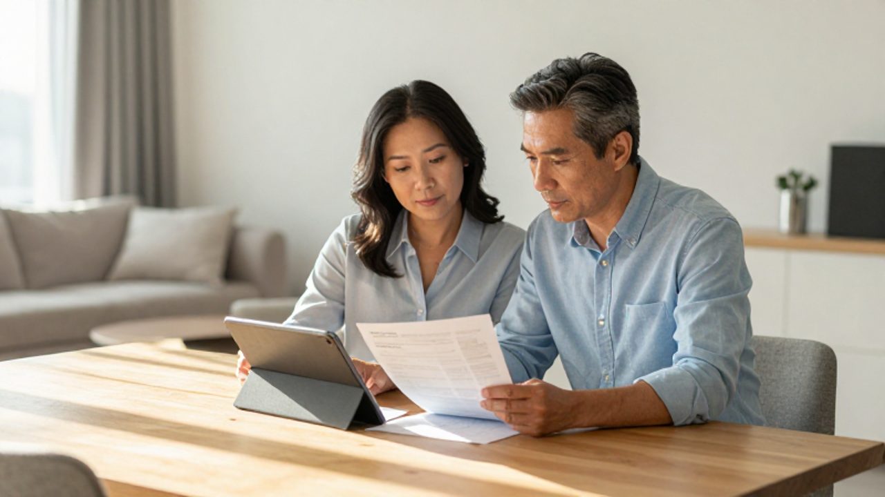 Pareja de mediana edad revisando documentos financieros y una tablet tranquilamente en un comedor luminoso.