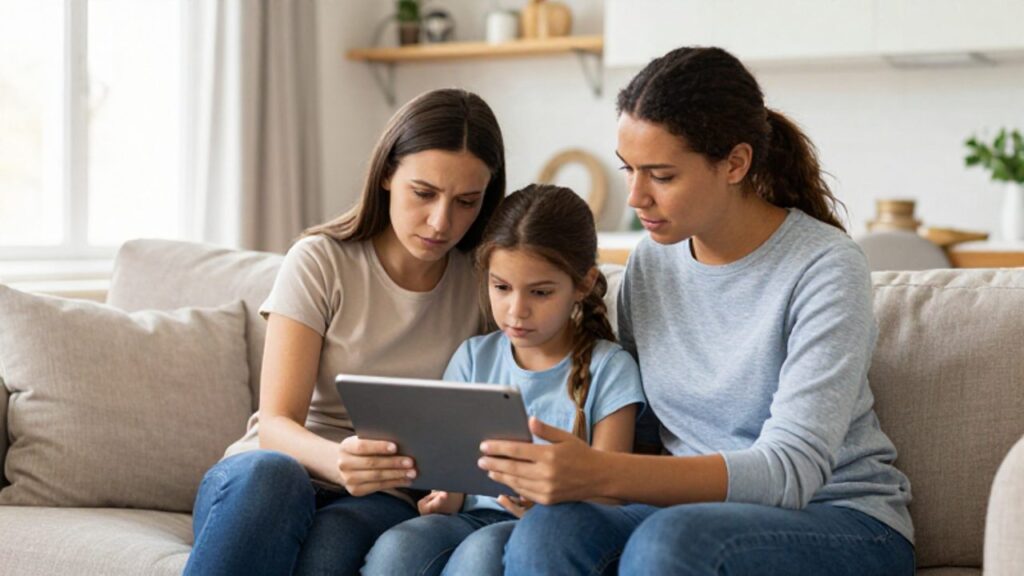 Una familia joven y diversa se sienta relajada en el sofá de una sala luminosa mientras consultan una tableta con tranquilidad.