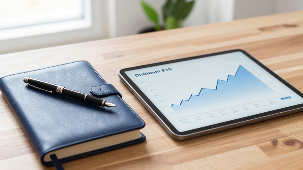 Un cuaderno con pluma estilográfica junto a una tableta con un gráfico ascendente sobre un escritorio de madera, comparando la gestión activa y la automatizada de inversiones.