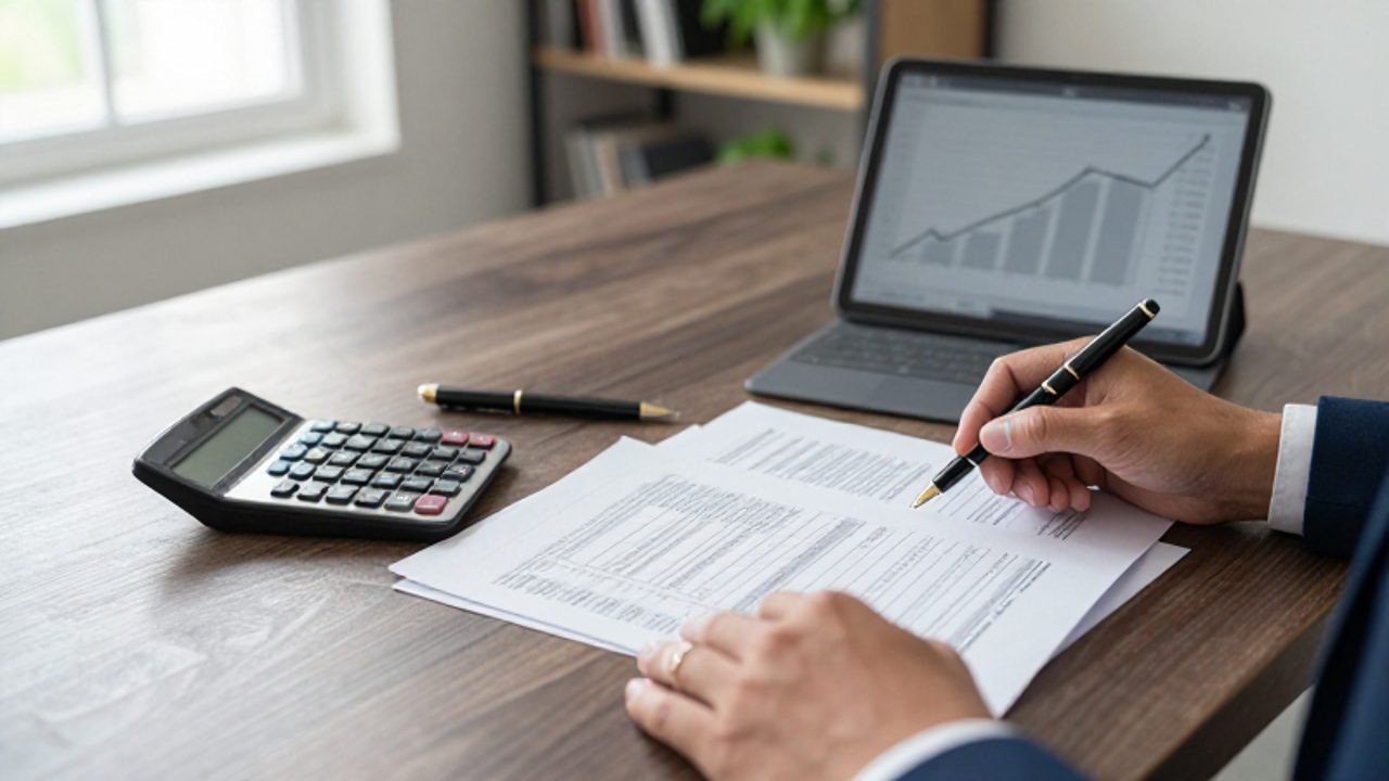 Manos organizando documentos financieros y formularios de impuestos sobre un escritorio con una calculadora y una tableta.