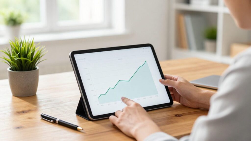 Un profesional analiza en una tablet un gráfico de crecimiento ascendente mientras trabaja en un escritorio organizado y luminoso.