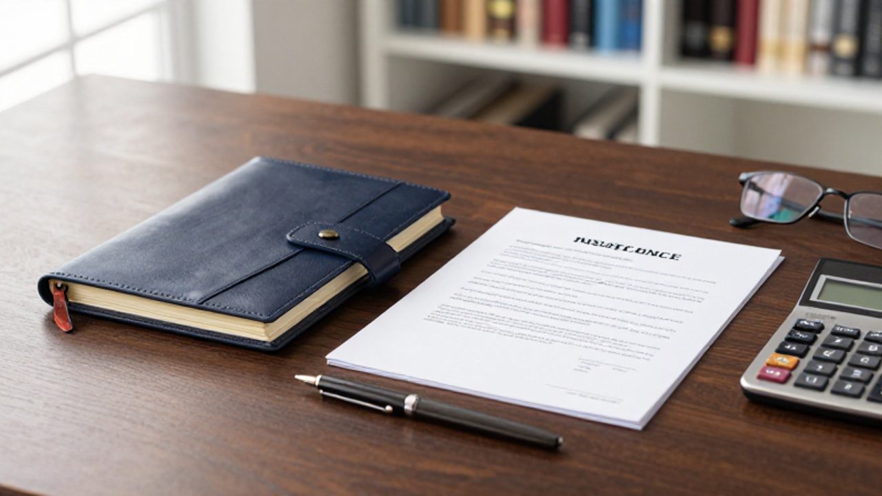 Escritorio de oficina organizado con una agenda, bolígrafo, gafas y un documento de seguro junto a una calculadora.