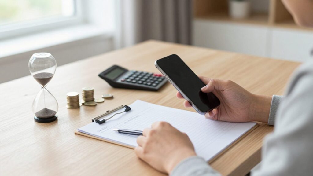 Persona sentada en un escritorio minimalista reflexionando frente a un smartphone, junto a un reloj de arena y una libreta que simbolizan la espera y el control financiero.