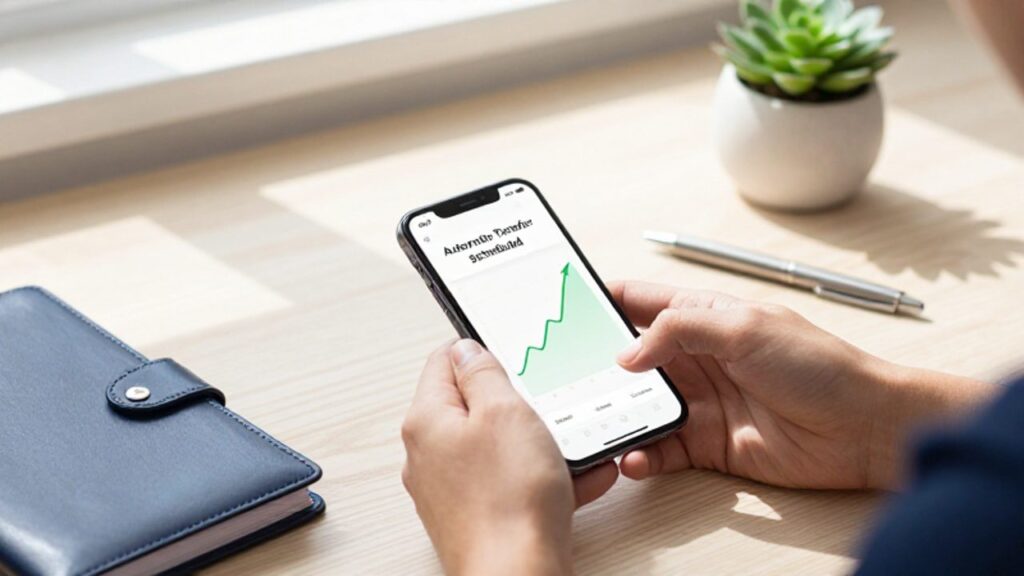 Manos de una persona utilizando un smartphone con una interfaz financiera de ahorros sobre un escritorio organizado y luminoso.