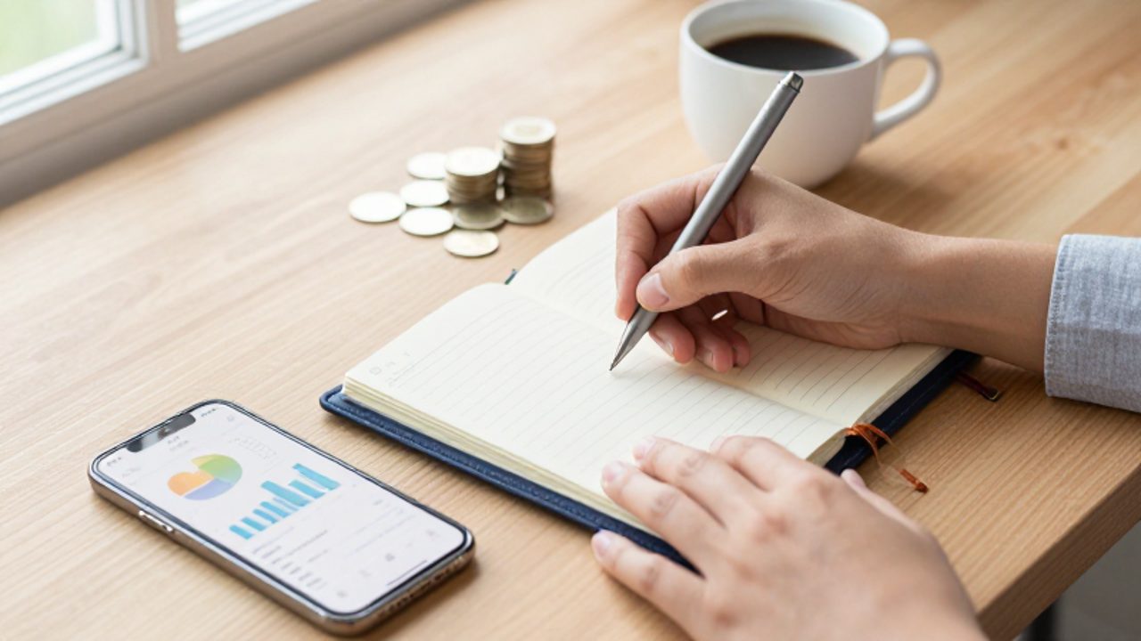 Manos de una persona anotando finanzas en una agenda junto a un teléfono con gráficos financieros y una taza de café sobre un escritorio de madera.