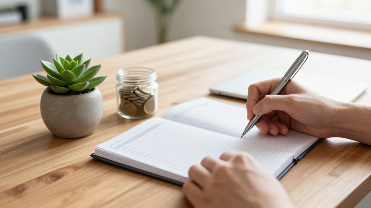 Manos escribiendo en una libreta de planificación financiera junto a un frasco con monedas y una pequeña planta sobre un escritorio de madera.