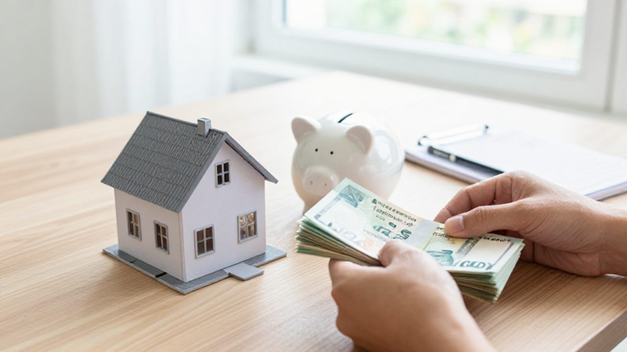 Manos organizando billetes junto a una hucha y una maqueta de una casa sobre un escritorio de madera.