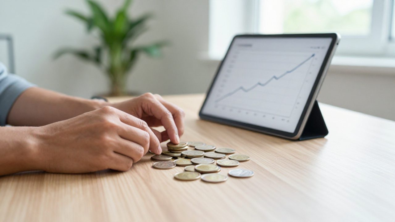 Manos organizando una pila de monedas junto a una tableta que muestra un gráfico de crecimiento en un escritorio de madera.