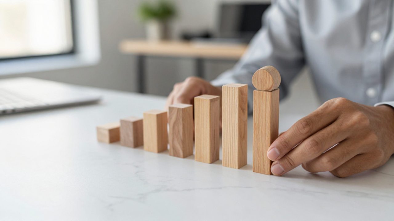 Manos organizando bloques de madera de distintos tamaños sobre una superficie de mármol para representar la construcción de una cartera de inversión equilibrada.