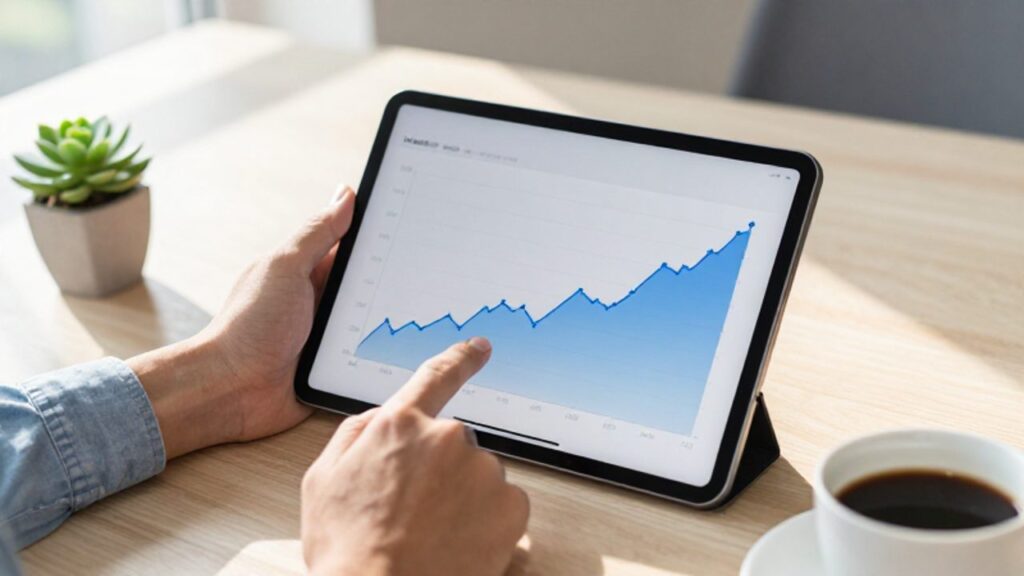 Manos de una persona interactuando con una tableta que muestra un gráfico de crecimiento de mercado en un escritorio de oficina despejado.