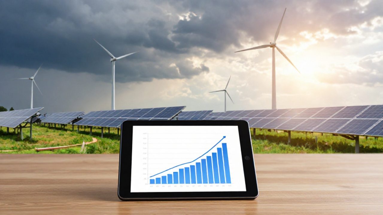 Una tableta con un gráfico de tendencia ascendente sobre un escritorio, situada delante de un campo de paneles solares y aerogeneradores bajo un cielo despejado.