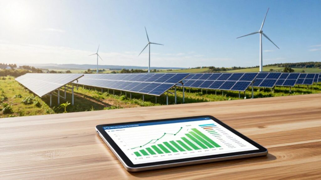Una tableta con gráficos de crecimiento financiero sobre una mesa de madera, con un campo de paneles solares y turbinas eólicas al fondo bajo un cielo despejado.