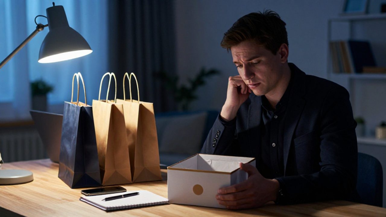 Persona sentada en un escritorio de noche, con expresión de duda frente a bolsas de compras y un producto de lujo recién abierto.