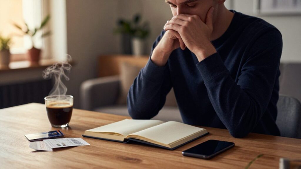 Persona sentada en un escritorio en calma, reflexionando frente a un diario, un smartphone, tarjetas de crédito y recibos.