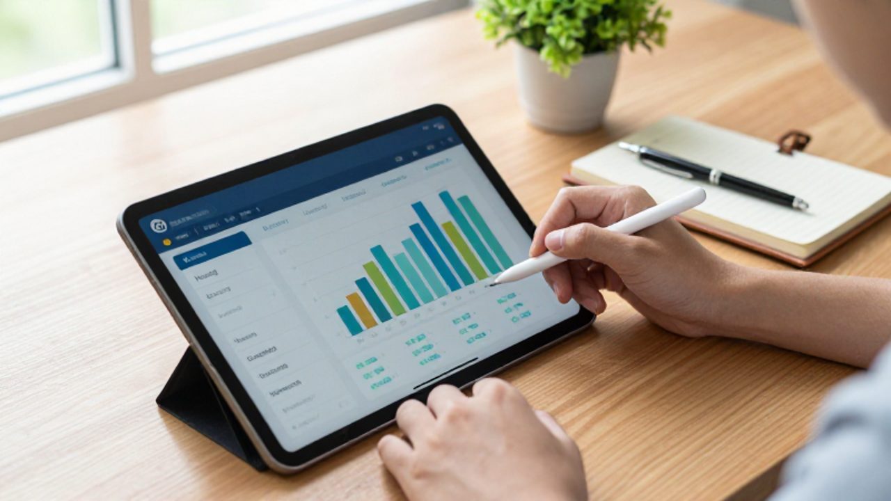 Manos organizando gastos en una tableta que muestra gráficos de barras y categorías financieras sobre un escritorio con un cuaderno.
