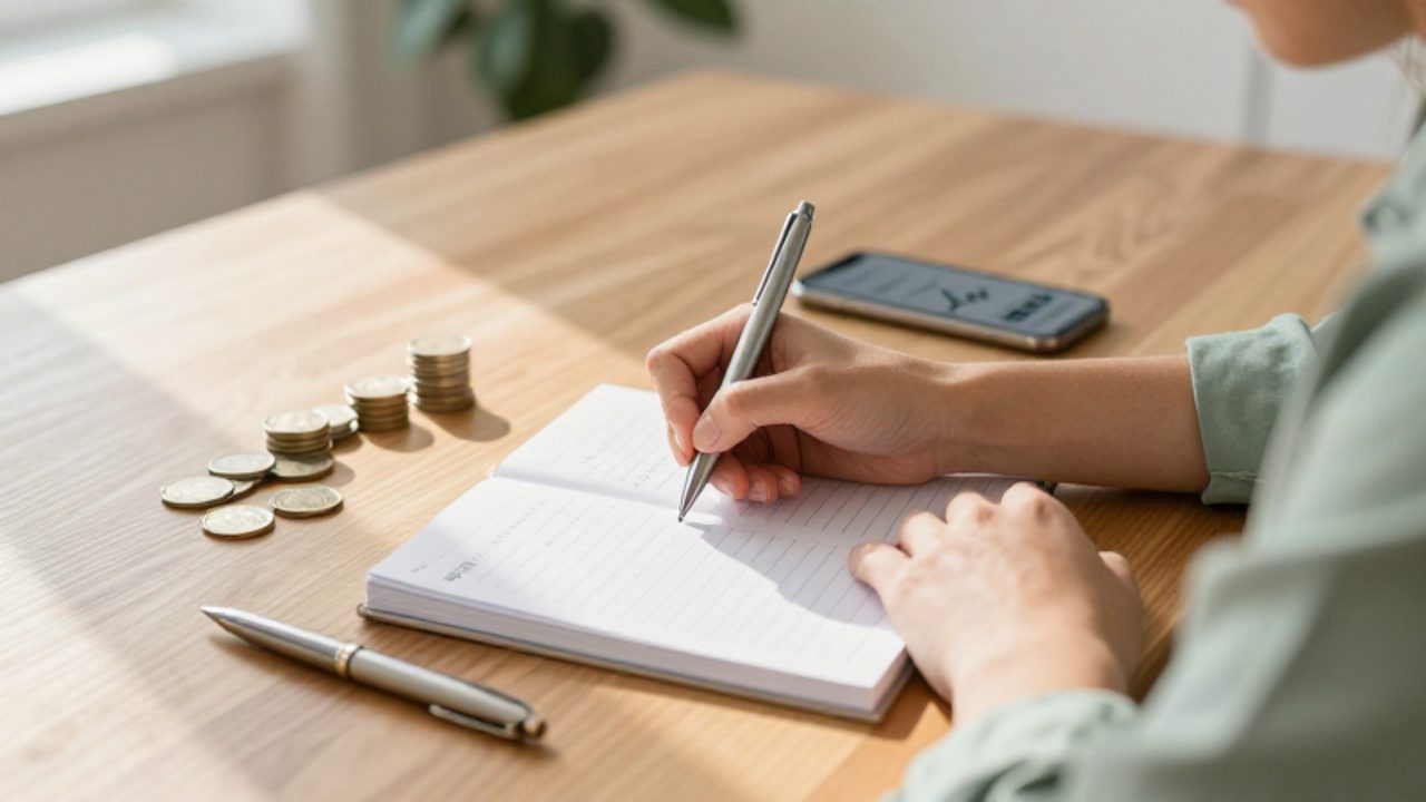 Persona anotando gastos en una agenda de papel sobre un escritorio ordenado junto a un smartphone con un gráfico financiero y una pequeña pila de monedas.