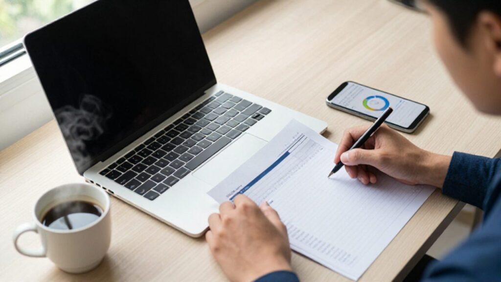 Manos organizando finanzas personales con una computadora portátil, un planificador de papel y un teléfono móvil que muestra gráficos financieros sobre un escritorio de madera.