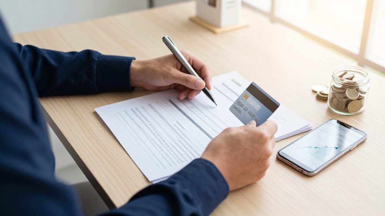 Manos organizando documentos financieros, una tarjeta de crédito y un planificador presupuestario sobre un escritorio de madera junto a un smartphone con gráficos de crecimiento.