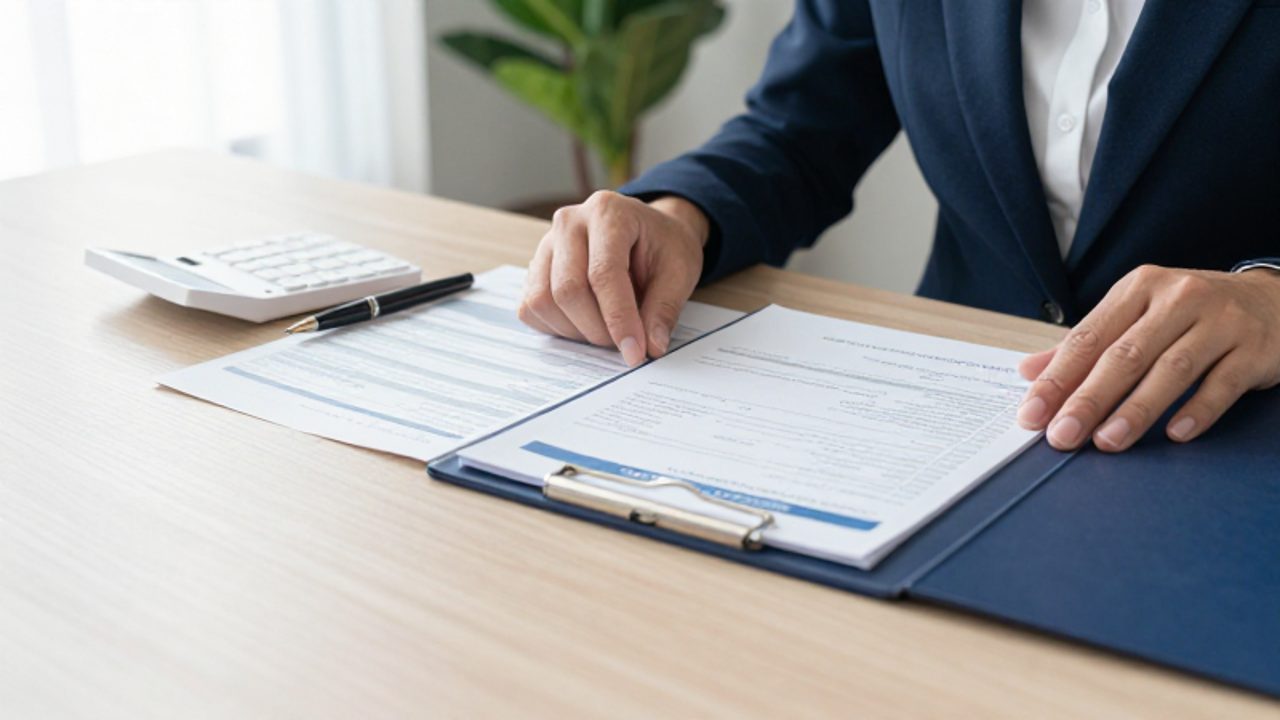 Manos organizando documentos financieros y una carpeta de seguros sobre un escritorio con una calculadora y un bolígrafo.