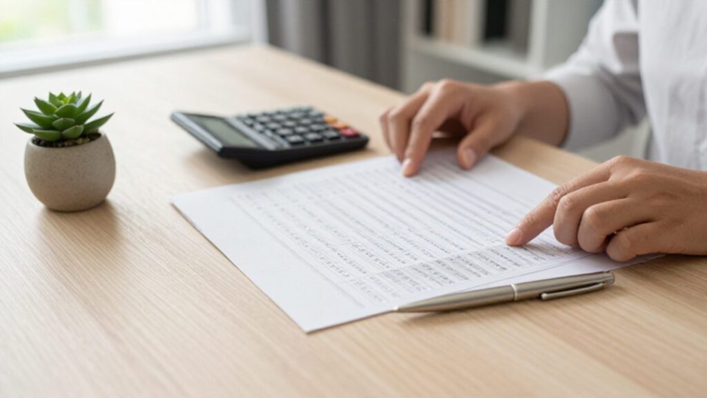Manos organizando documentos financieros y una calculadora sobre un escritorio de madera para planificar sus finanzas.