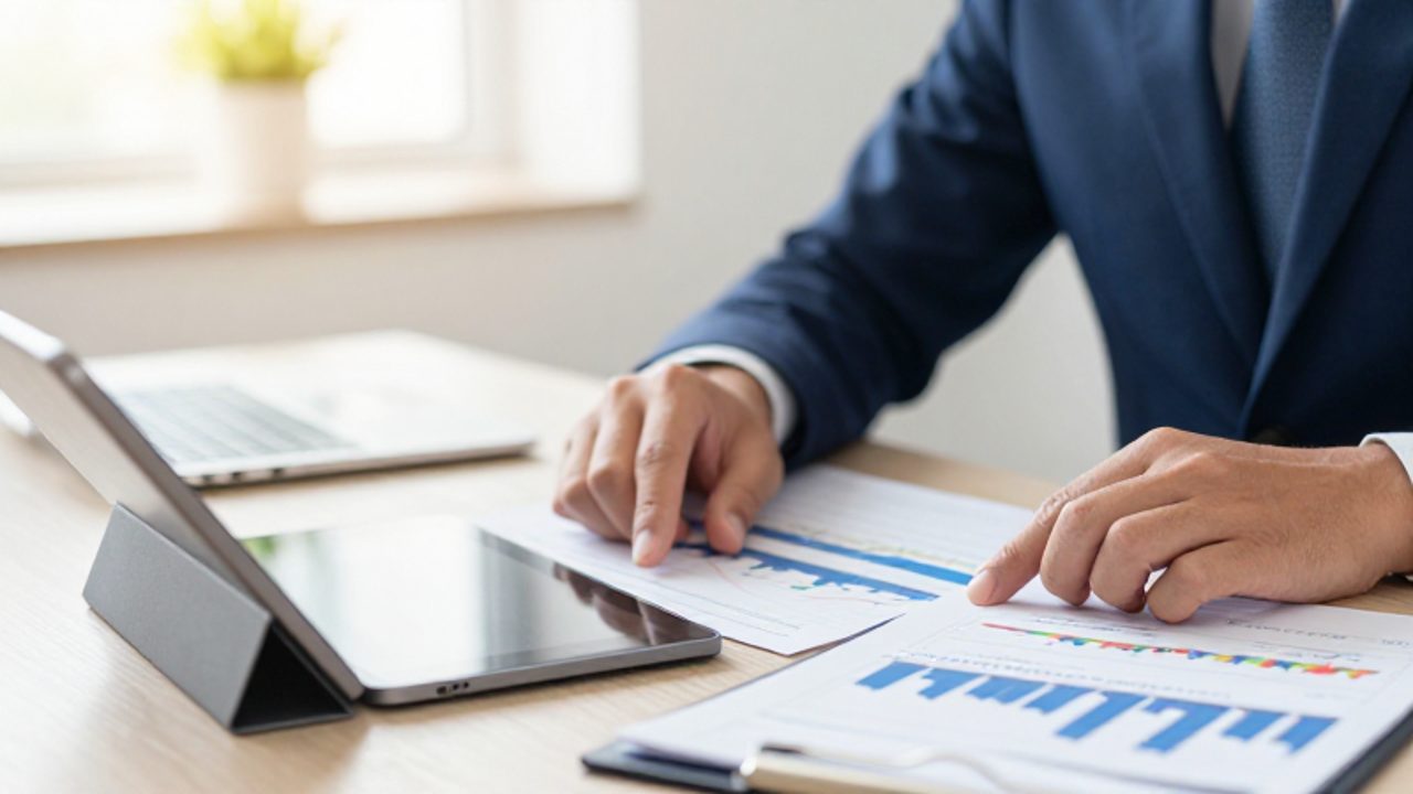 Manos de un asesor financiero organizando gráficos de tendencias y distribución de activos sobre un escritorio ordenado.