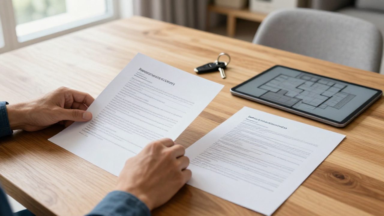 Manos revisando documentos de pólizas de seguro sobre una mesa de madera junto a una llave de casa y una tablet en un ambiente doméstico luminoso.