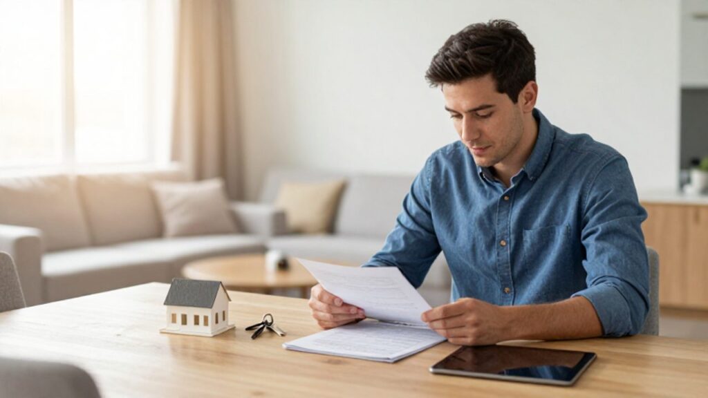 Un hombre joven revisa documentos y una tablet en una mesa de madera, con unas llaves y una maqueta de casa junto a él en un apartamento luminoso.