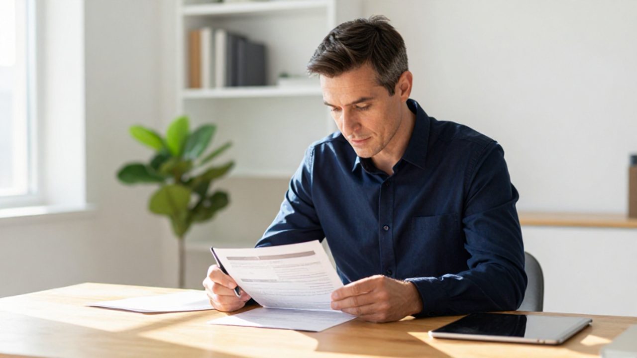 Hombre adulto revisando con calma documentos financieros y una tableta en un escritorio de una oficina luminosa.