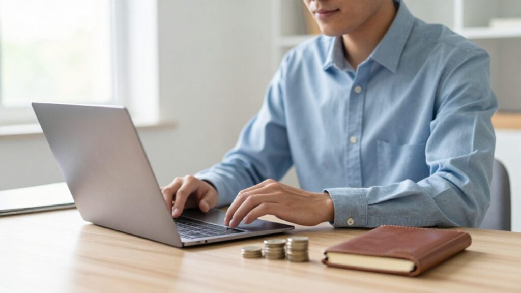 Un joven profesional revisa su laptop en un escritorio moderno con una pequeña pila de monedas al lado, simbolizando el crecimiento de capital moderado.