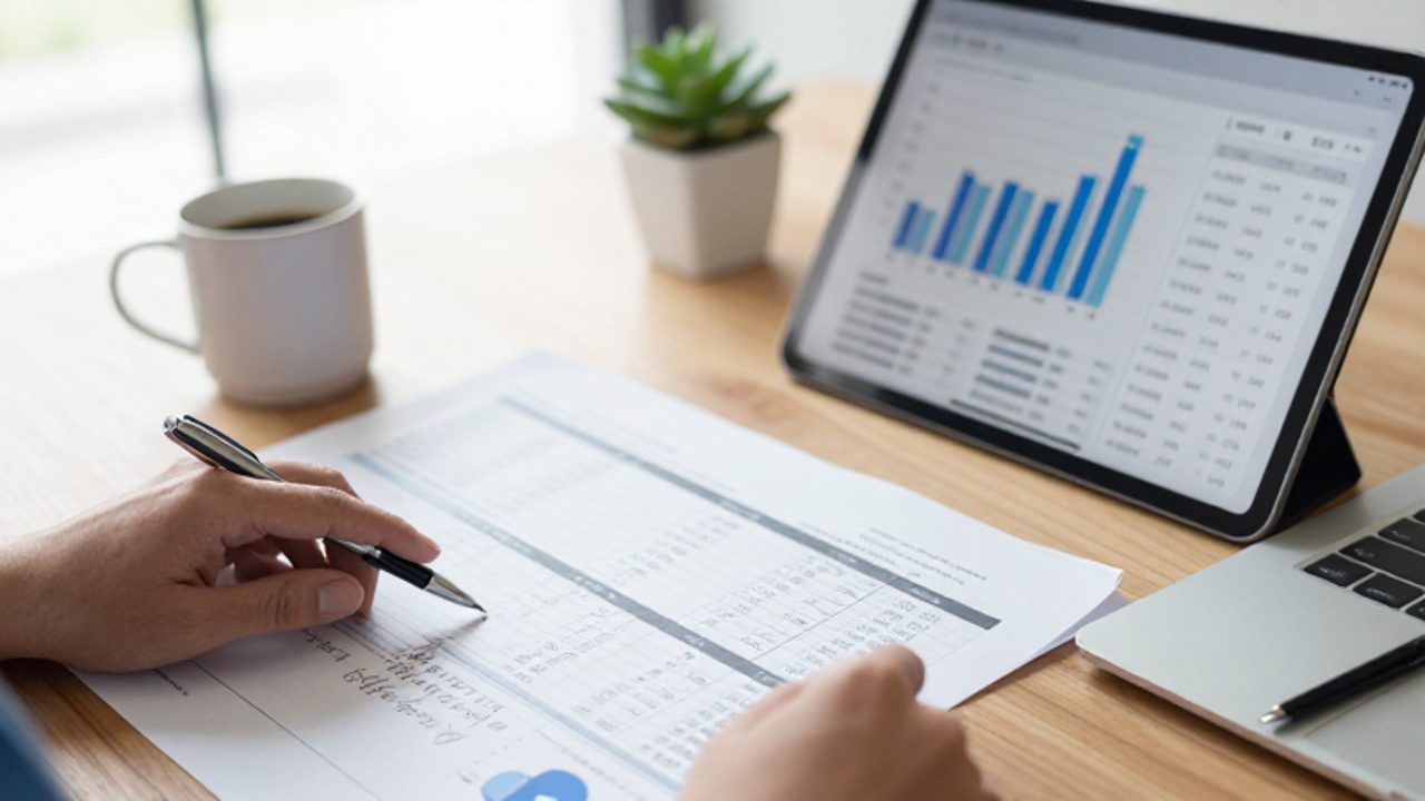 Manos de una persona revisando datos financieros en una hoja impresa y una tableta con gráficos de barras sobre un escritorio organizado.