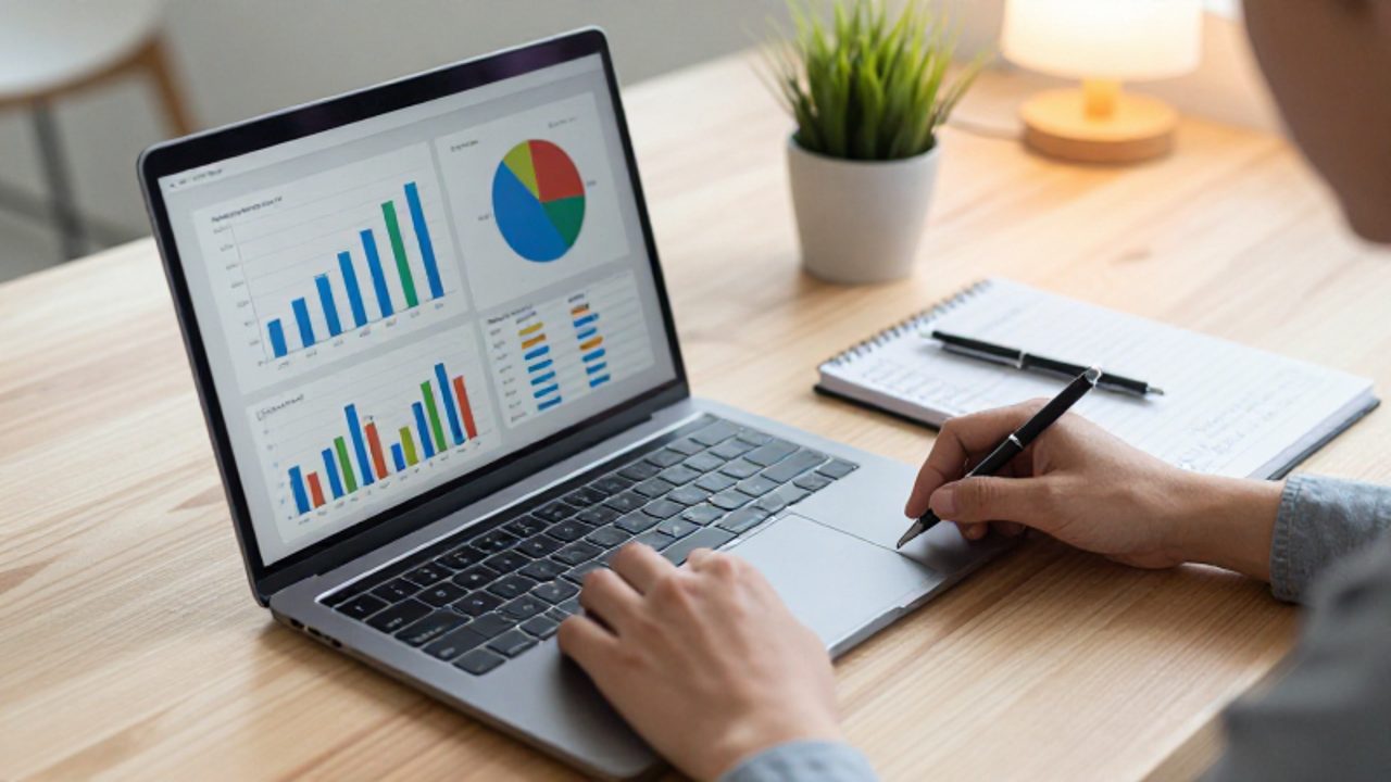 Manos de una persona trabajando en un escritorio con un portátil que muestra gráficos de presupuesto y un cuaderno con notas financieras.