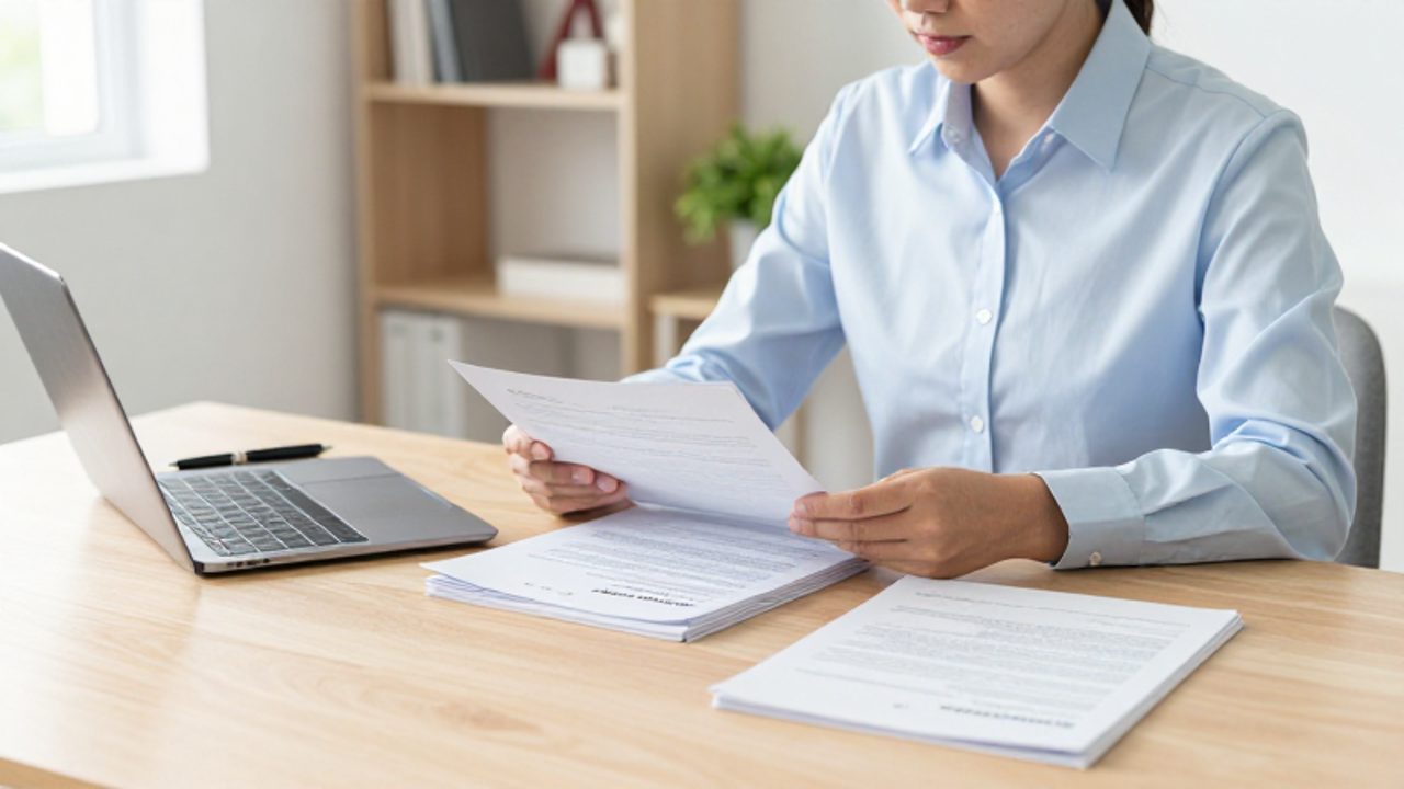 Persona revisando documentos de seguros y comparándolos con una tableta en un escritorio de oficina iluminado.