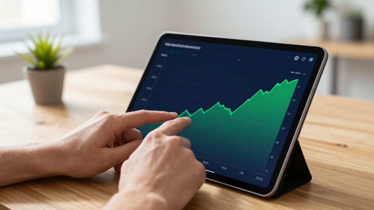 Manos de una persona interactuando con gráficos de crecimiento financiero en una tableta dentro de una oficina luminosa.