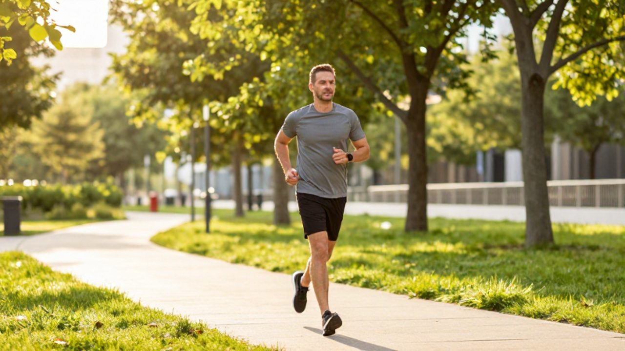 Un hombre de mediana edad corre con energía por un parque urbano rodeado de vegetación bajo la luz del atardecer.