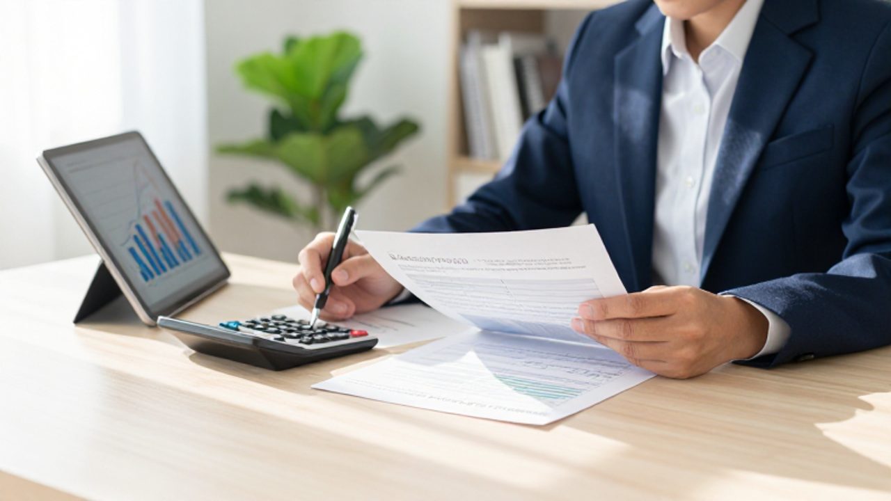 Persona joven revisando documentos de seguros y finanzas junto a una calculadora y una tableta con gráficos en un escritorio iluminado.